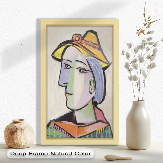 Captured with realistic detail, this Picasso-inspired oil painting home decor showcases a tranquil female side profile in pastel tones, resembling a timeless cubist portrait.