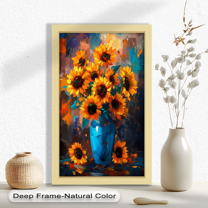 Sunlit Joy – Bold Sunflowers in Blue Vase Oil Painting