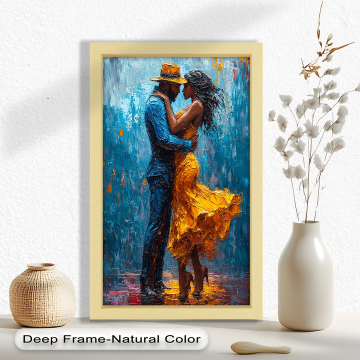 Midnight Embrace – Vibrant Couple in Yellow Dress Oil Painting