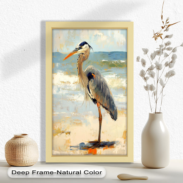 Elegant Heron Standing on Shoreline – Framed Oil Painting