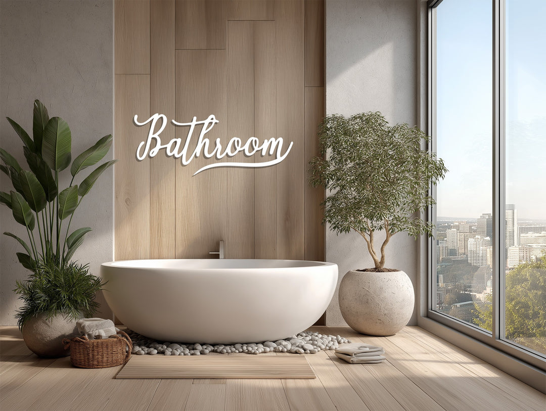 Minimalist Script Bathroom – Modern Metal Wall Art Sign
