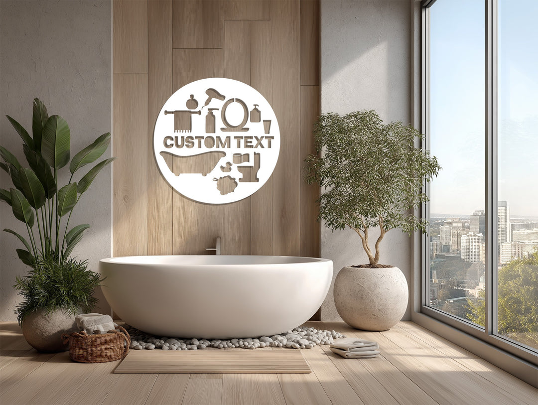 Personalized Bathroom Round Metal Wall Art – Custom Text Sign