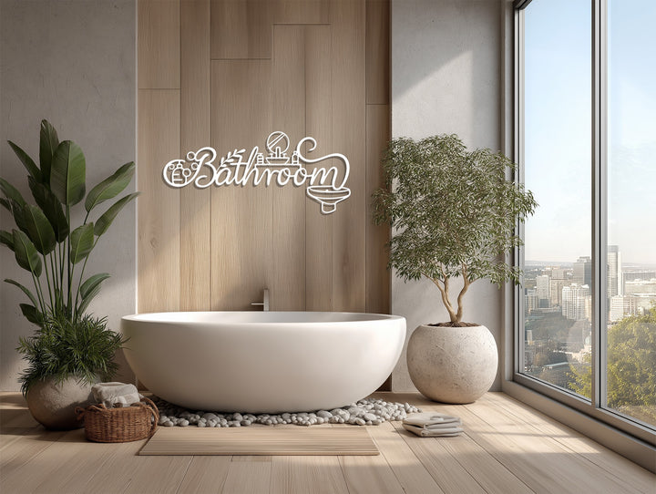 Minimalist black metal bathroom wall sign décor