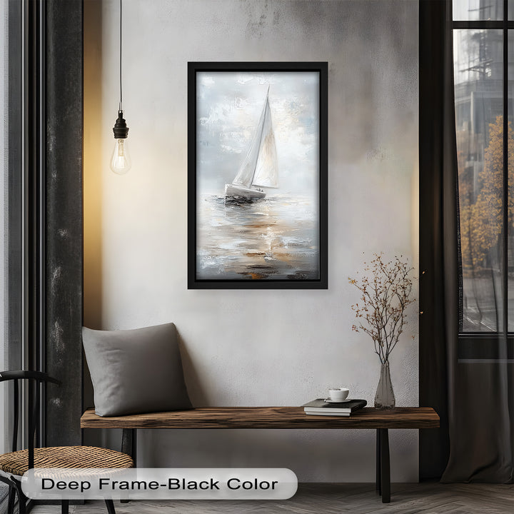 Sailing Through the Mist – White Boat Oil Painting