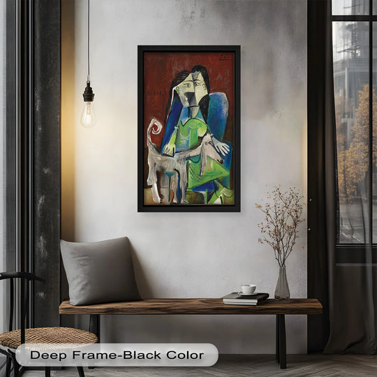 Illuminated by the light, this oil painting art piece depicts Picasso's 'Woman with Afghan Hound' with a striking contrast of colors and a Cubist-inspired design.