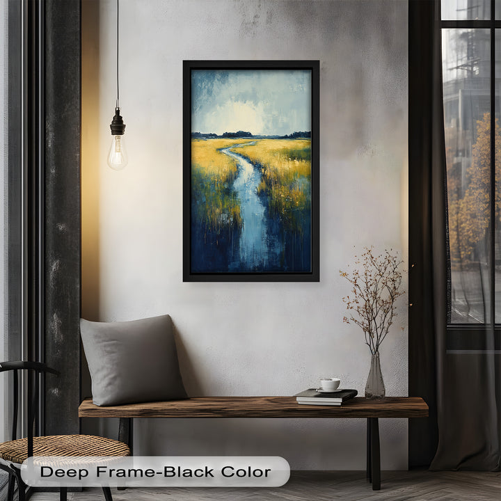 Golden Fields and Blue Stream – Contemporary Landscape Oil Painting