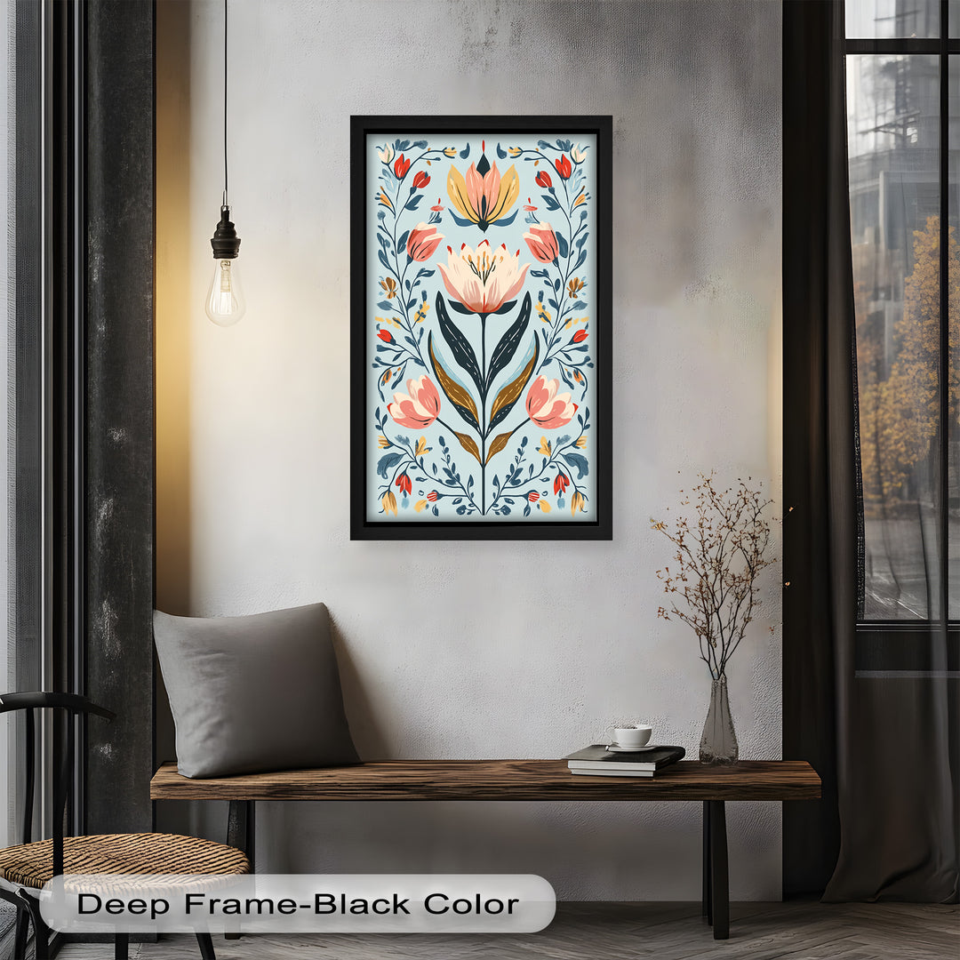 Folk-inspirierte Tulpenharmonie – Boho-Blumenölgemälde