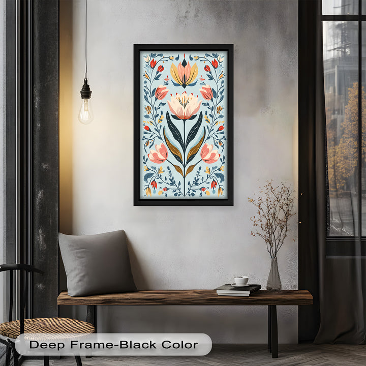 Folk-inspirierte Tulpenharmonie – Boho-Blumenölgemälde