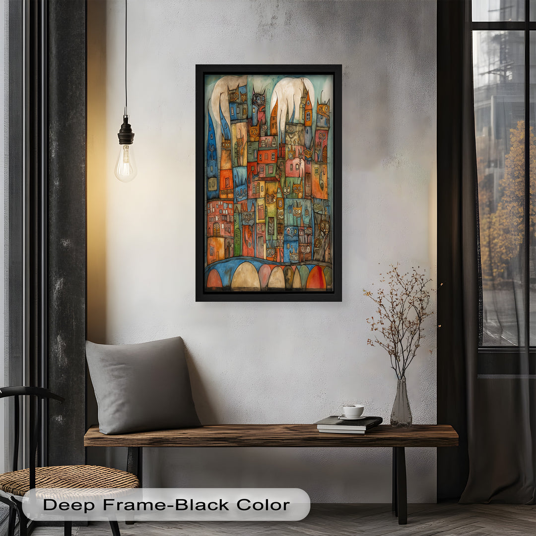 Whimsical Cat Cityscape – Surreal Architecture and Feline Picasso Oil Painting