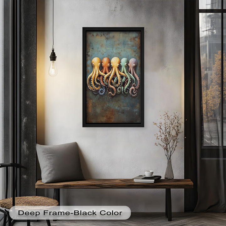 Whimsical Row of Octopuses – Colorful Sea Life Animal Oil Painting