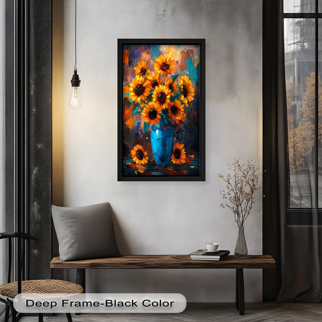 Sunlit Joy – Bold Sunflowers in Blue Vase Oil Painting