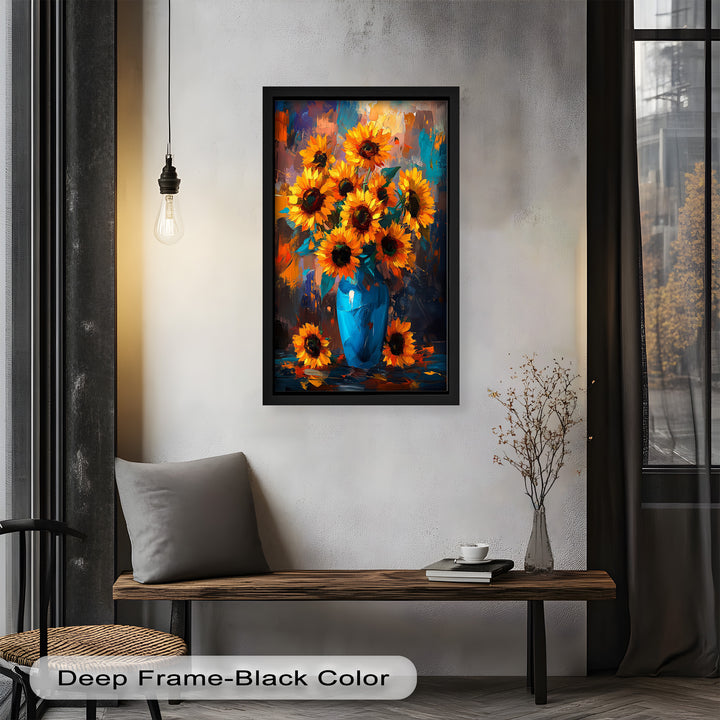 Sunlit Joy – Bold Sunflowers in Blue Vase Oil Painting