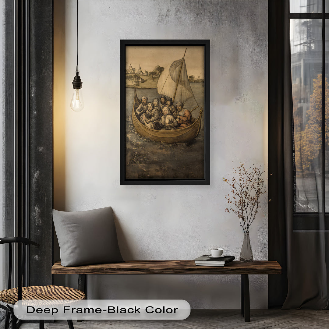 Medieval Sailors in Wooden Vessel - Historic Oil Painting