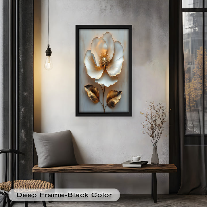 Golden Glow Bloom – White and Gold Flower Oil Painting