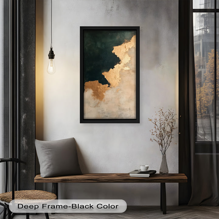 Golden Drift – Minimalistisches abstraktes Ölgemälde in Gold und Dunkelgrün