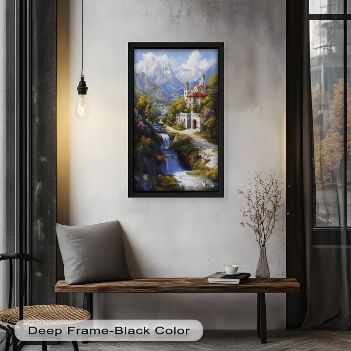 Mountain Abbey by the Falls – Serene Renaissance Oil Painting