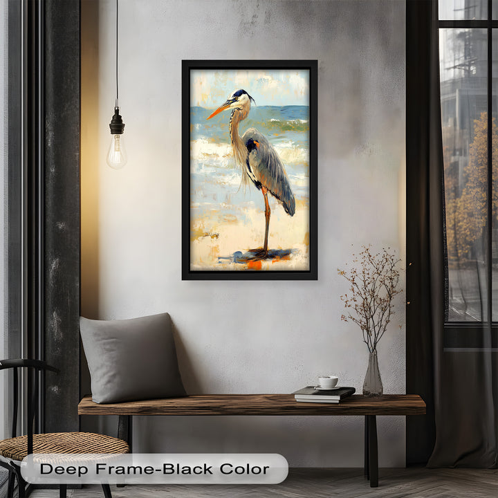Elegant Heron Standing on Shoreline – Framed Oil Painting