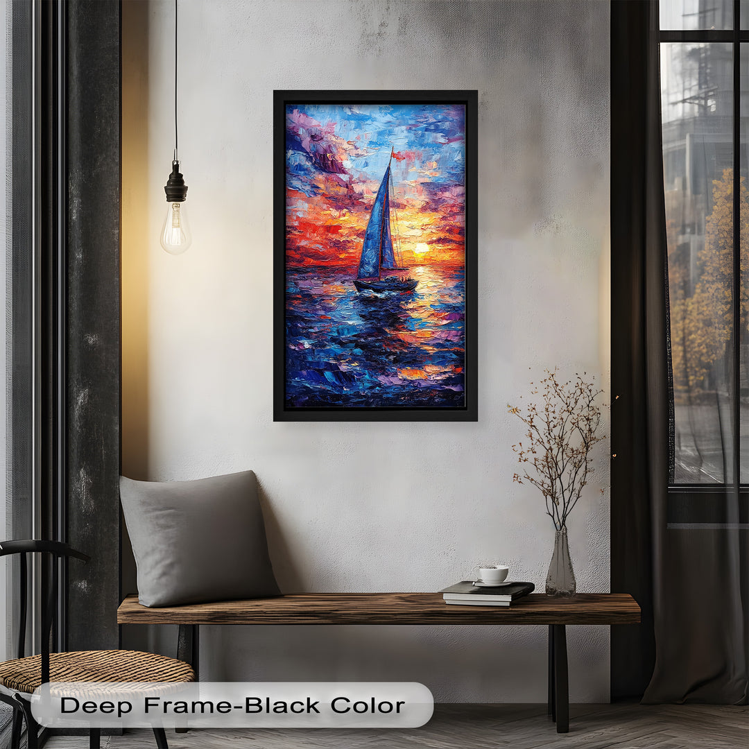 Crimson Horizon – Sunset Voyage Boat Oil Painting