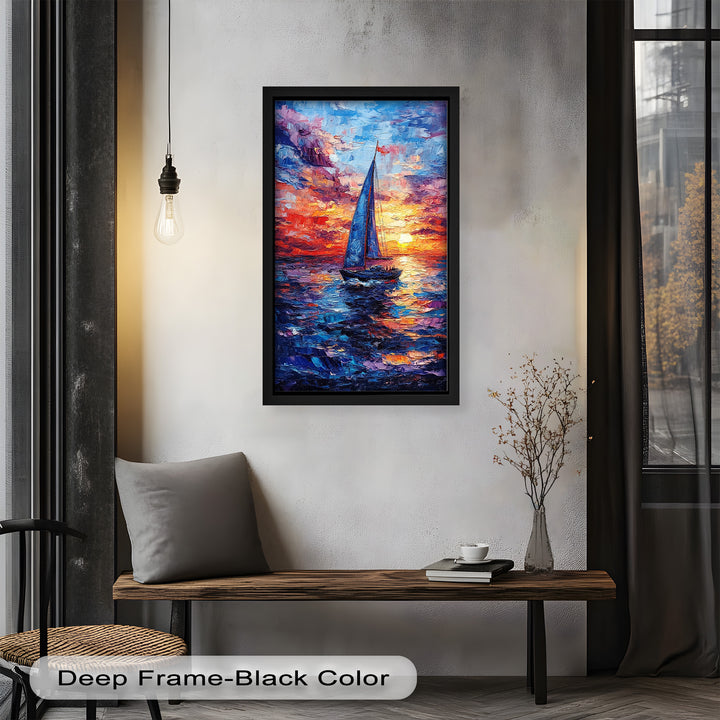 Crimson Horizon – Sunset Voyage Boat Oil Painting