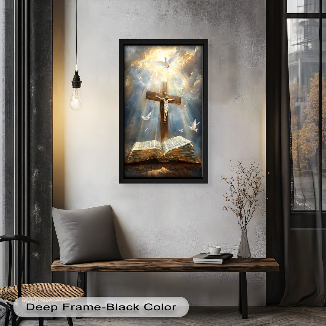 Jesus on the Cross with Open Bible and Doves - Oil Painting