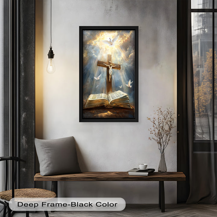 Jesus on the Cross with Open Bible and Doves - Oil Painting