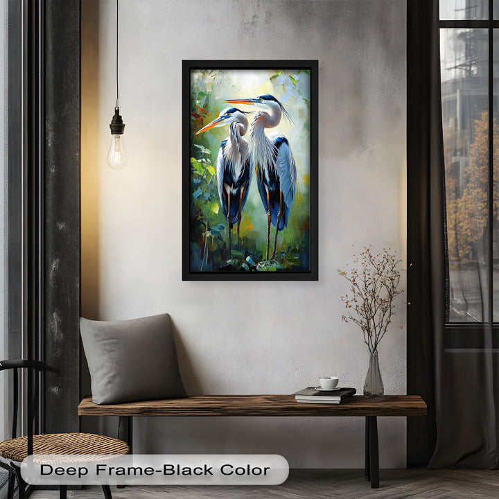 Pair of Herons in Forest Light – Animal Oil Painting