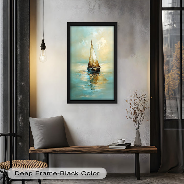 Golden Drift – Ruhiges Segelboot bei Sonnenaufgang, Boot-Ölgemälde