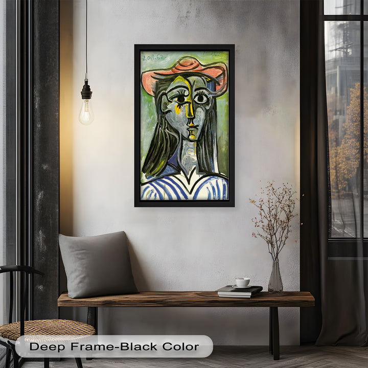 Striped Muse in Pink Hat – Picasso Oil Painting