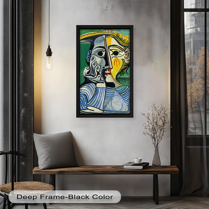 Nachdenklicher Blick – Gestreifte Frau mit Sonnenhut Picasso Ölgemälde