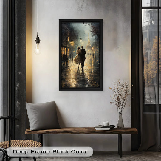 Warm color temperature dominates this modern oil painting art of a romantic couple in evening light near the Eiffel Tower, creating a cozy and inviting scene.