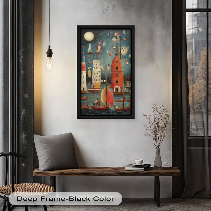 Moonlit Harbor Parade – Surreal Cat and Owl Fantasy Oil Painting