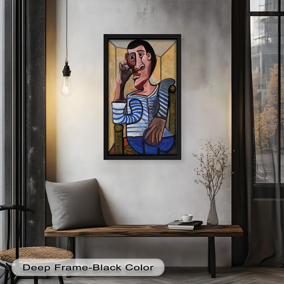 Melancholy in Stripes – Seated Man with Blue Shirt Picasso Oil Painting