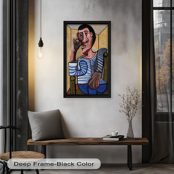 Melancholy in Stripes – Seated Man with Blue Shirt Picasso Oil Painting