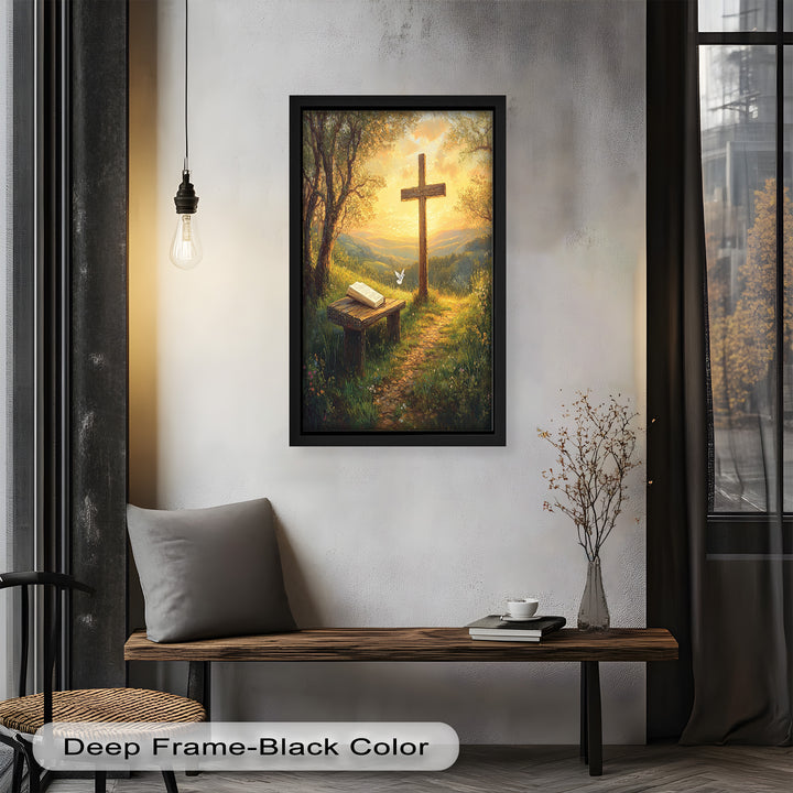Pfad des Glaubens – Christliches Kreuz und Bibel-Ölgemälde
