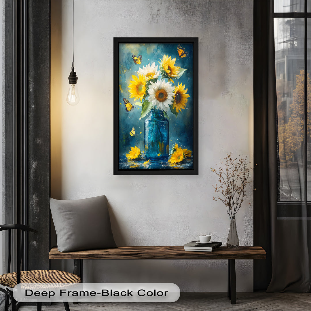 Sun-Kissed Radiance – Sunflowers in Blue Jar Flower Oil Painting