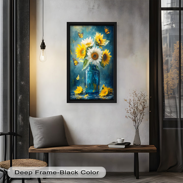 Sun-Kissed Radiance – Sunflowers in Blue Jar Flower Oil Painting