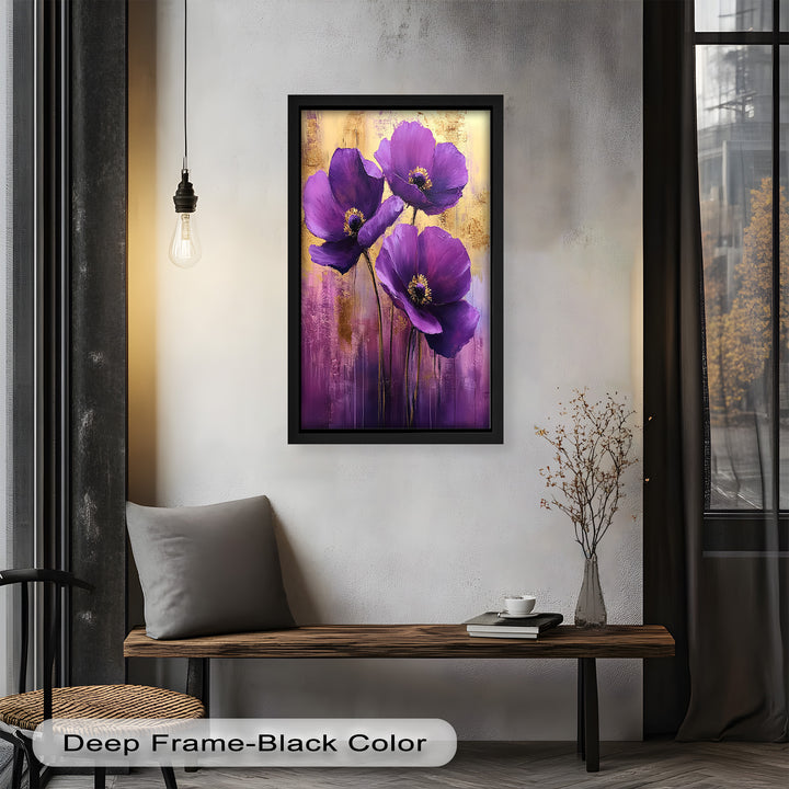 Velvet Blossoms – Purple Floral Elegance with Gold Flower Oil Painting
