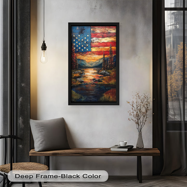 Amerikanische Flagge Sonnenuntergang Landschaft - Patriotisches Ölgemälde