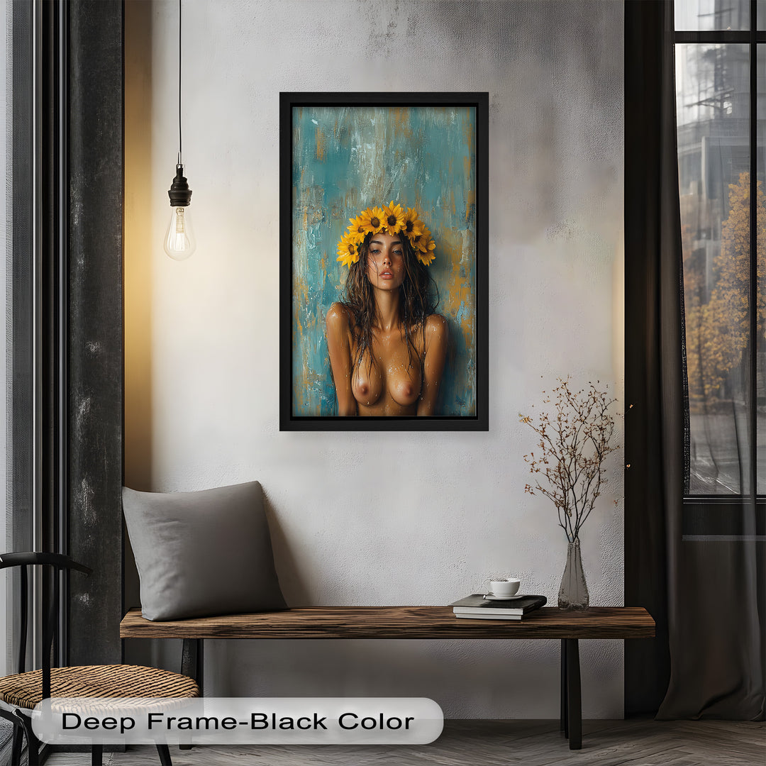 Sun-Kissed Solstice – Woman with Sunflower Crown Abstract Oil Painting