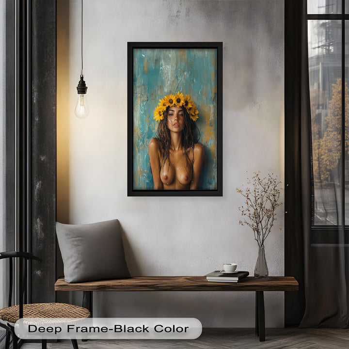 Sun-Kissed Solstice – Woman with Sunflower Crown Abstract Oil Painting