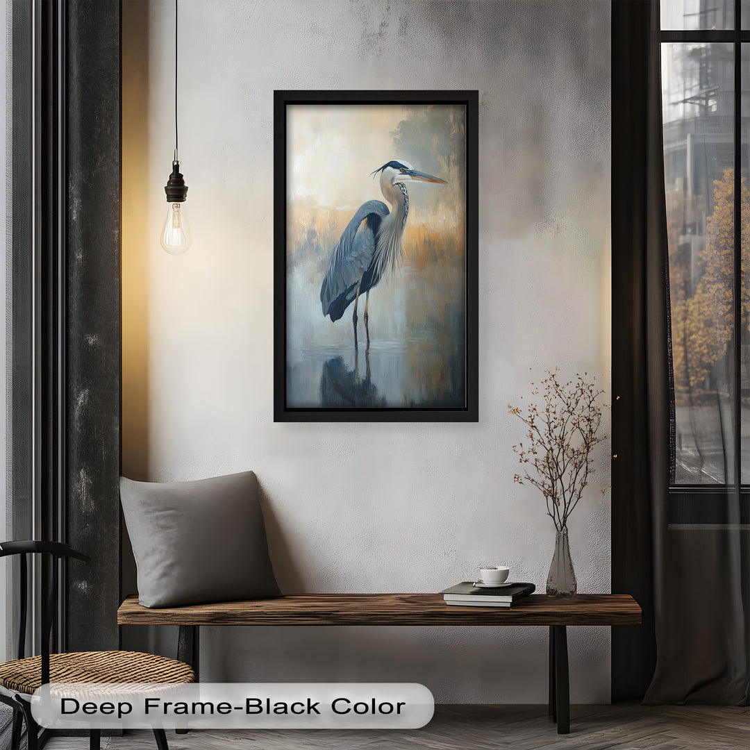 Heron in Misty Marshland - Framed Oil Painting