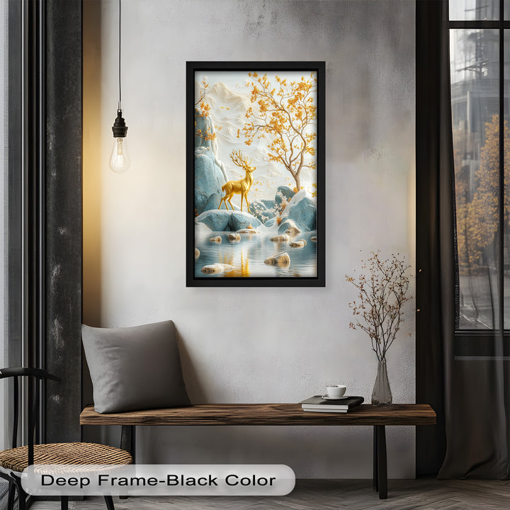 Golden Deer in Snowy Mountain - Animal Oil Painting
