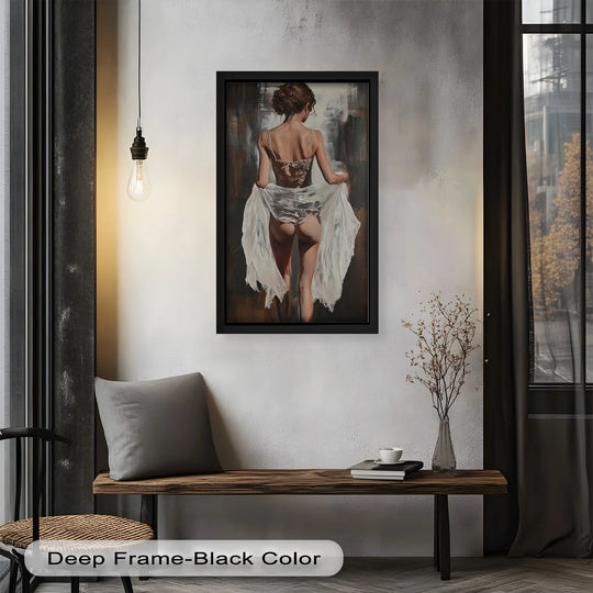 Negative space frames the sensual Soft Steps in Lace oil painting wall art, enhancing the nude woman's figure draped in lace and a flowing white cloth.