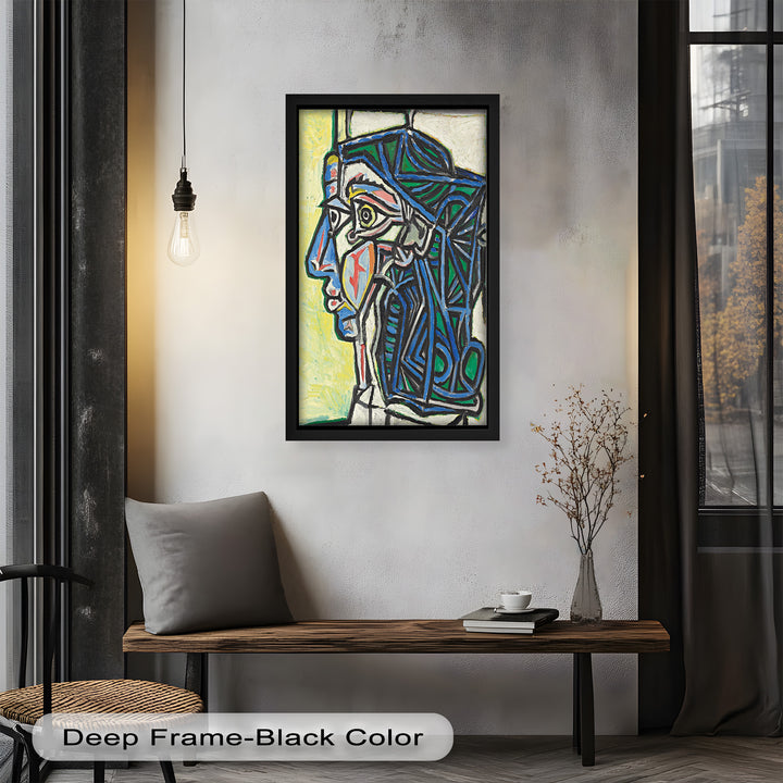 Angular Gaze – Geometric Portrait with Blue and Green Lines Picasso Oil Painting