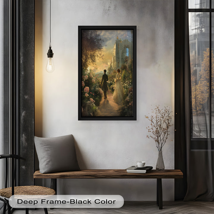 Victorian Lovers at Twilight – Romantic Garden Walk Oil Painting