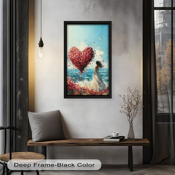 Woman with Heart-Shaped Petals Over the Sea - Love Oil Painting