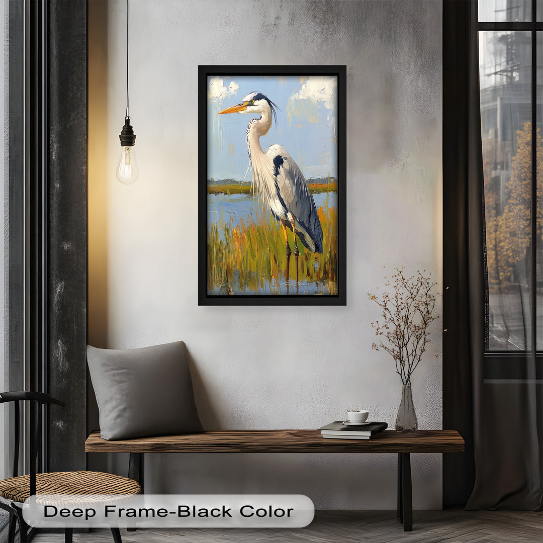 Heron in Sunlit Wetlands – Modern Oil Painting