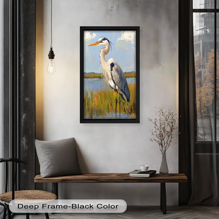 Heron in Sunlit Wetlands – Modern Oil Painting
