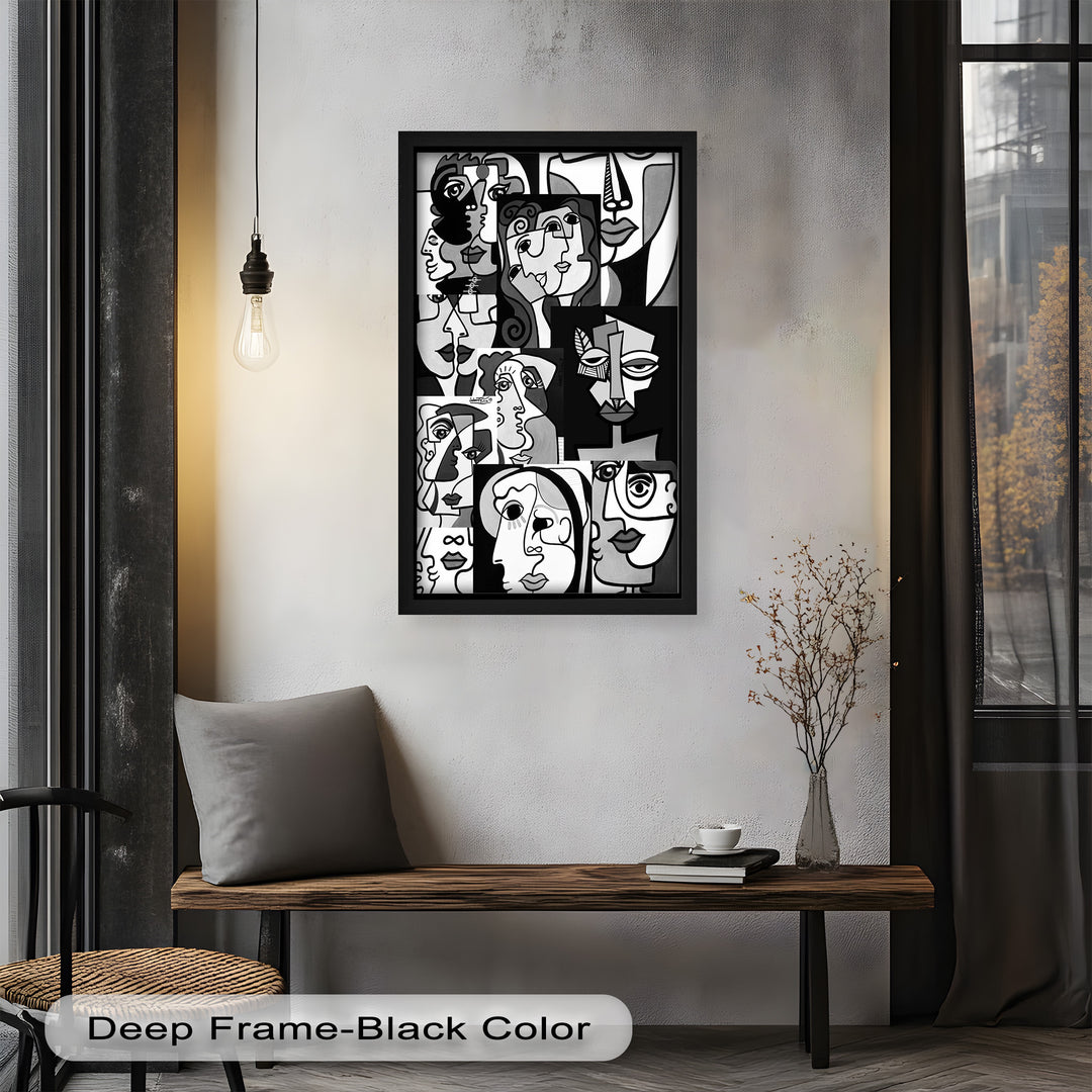Monochrome Muse – Picasso-inspiriertes Ölgemälde mit kubistischen Gesichtern