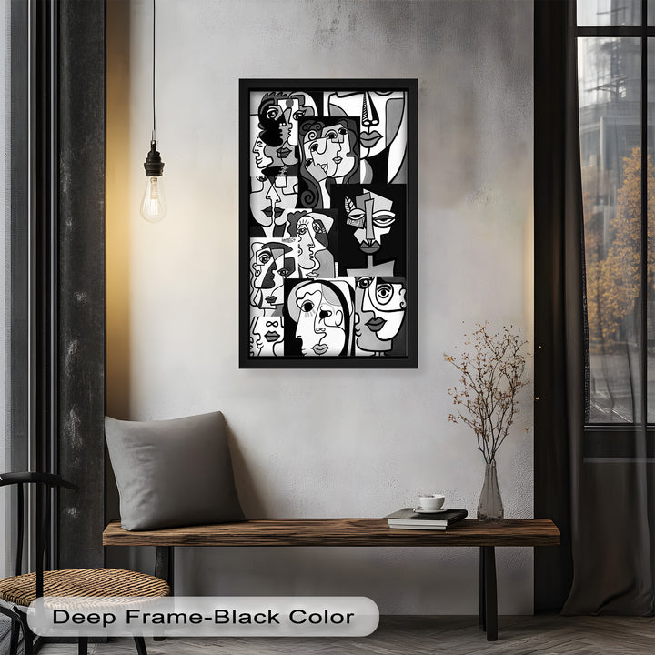 Monochrome Muse – Picasso-inspiriertes Ölgemälde mit kubistischen Gesichtern